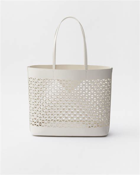 White Large Perforated Leather Tote Bag 